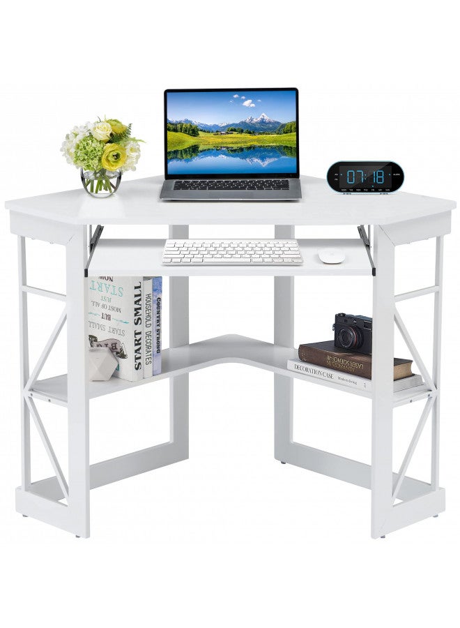 VECELO VECELO Corner Computer Desk 41 x 30 inches with Smooth Keyboard & Storage Shelves for Home Office Workstation, White  - Image 1