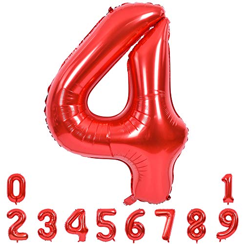 TONIFUL 40 Inch Red Large Numbers Balloons 09 Number 4 Digital 4 HeliumFoil Mylar Big Number Balloons for 2026 Mothers Day New Year Eve Graduation Valentines Day Birthday Party Anniversary Party - Image 1