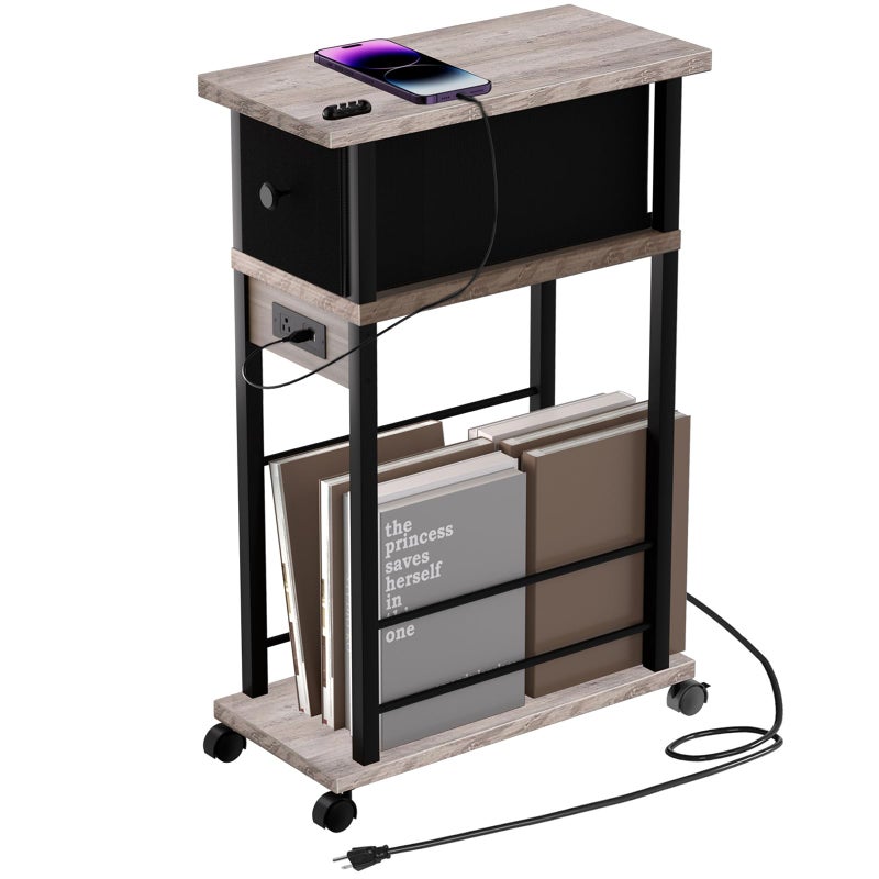 DGSANDGO Side Table with Charging Station and Drawer Narrow End Table with USB Ports and Outlets for Small Space Living Room Bedroom and Office with 4 Wheels 1 Greige  Black