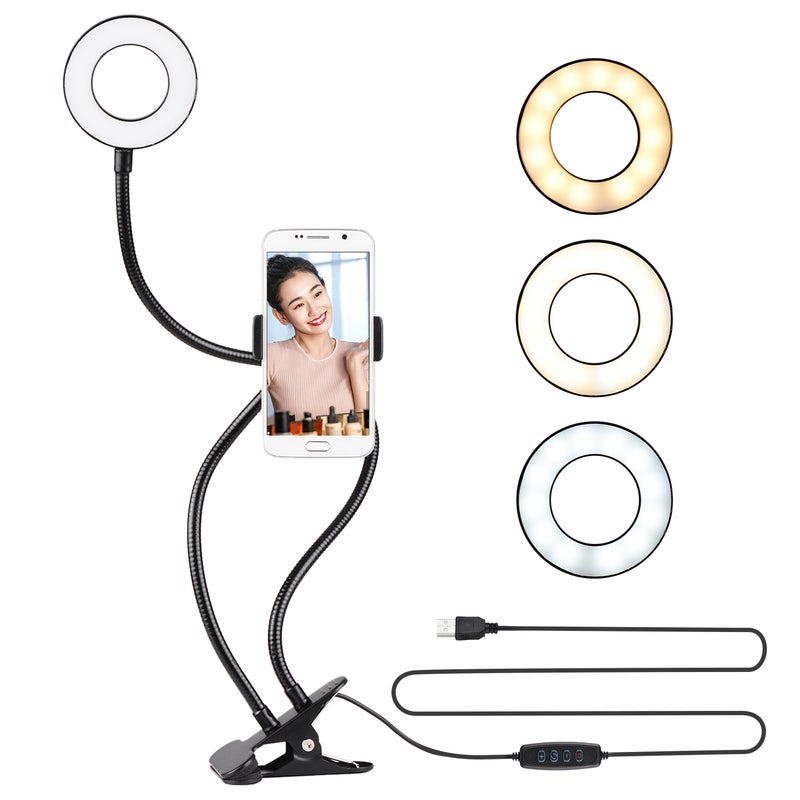 دوكولر مصباح حلقي LED قابل للتعتيم 2 في 1 مزود بحامل أسود/ أبيض - Image 5