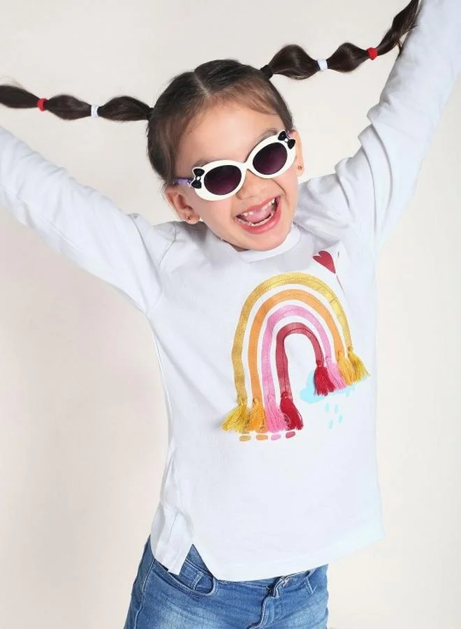 Bonkids Girl's t-shirts in regular fit white colour cotton fabric embellished pattern pull over closure woven weave type round collar type round neckline half sleeve length t-shirt upper body wear type suitable for casual occasions – styled to perfection for modern charm.