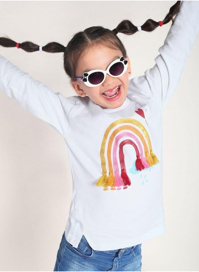Bonkids - Girl's t-shirts in regular fit white colour cotton fabric embellished pattern pull over closure woven weave type round collar type round neckline half sleeve length t-shirt upper body wear type suitable for casual occasions – styled to perfection for modern charm. - Image 1