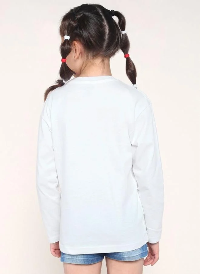 Bonkids Girl's t-shirts in regular fit white colour cotton fabric embellished pattern pull over closure woven weave type round collar type round neckline half sleeve length t-shirt upper body wear type suitable for casual occasions – styled to perfection for modern charm.