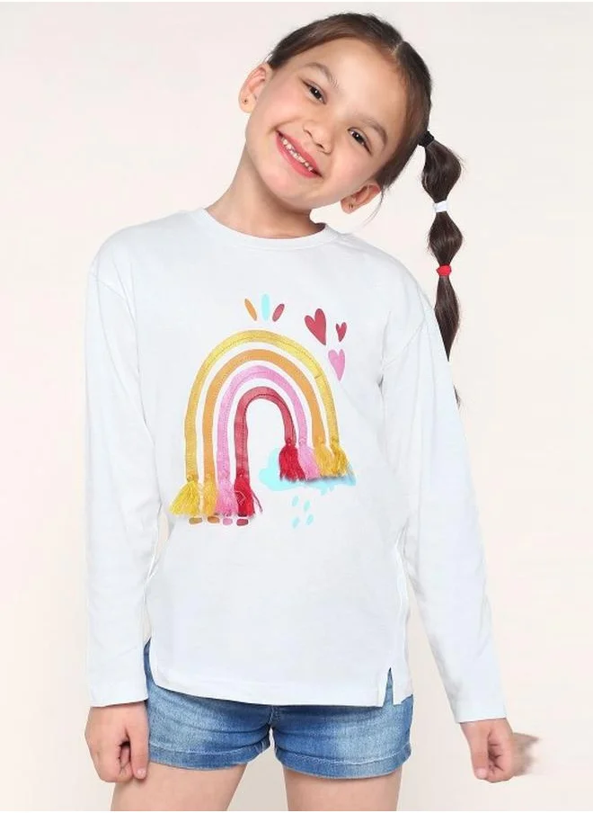 Bonkids Girl's t-shirts in regular fit white colour cotton fabric embellished pattern pull over closure woven weave type round collar type round neckline half sleeve length t-shirt upper body wear type suitable for casual occasions – styled to perfection for modern charm.