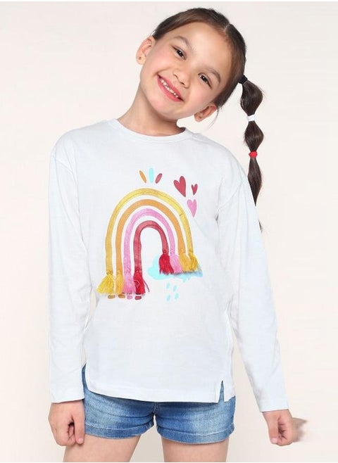Girl's t-shirts in regular fit white colour cotton fabric embellished pattern pull over closure woven weave type round collar type round neckline half sleeve length t-shirt upper body wear type suitable for casual occasions – styled to perfection for modern charm.