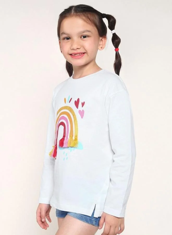 Bonkids Girl's t-shirts in regular fit white colour cotton fabric embellished pattern pull over closure woven weave type round collar type round neckline half sleeve length t-shirt upper body wear type suitable for casual occasions – styled to perfection for modern charm.