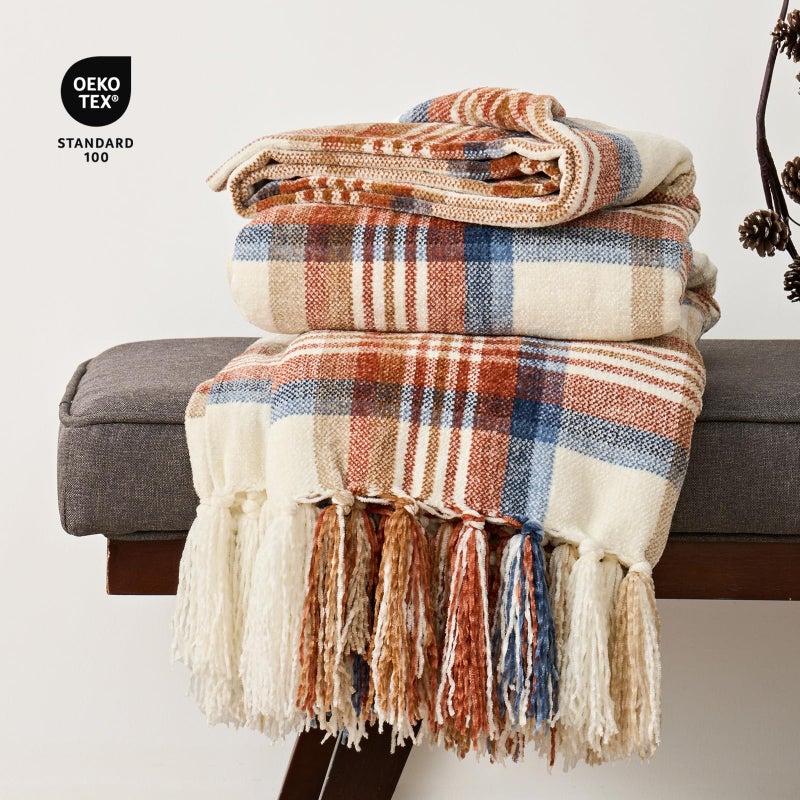 EverGrace Plaid Chenille Throw Blanket for Couch, Super Soft Cozy Decorative Fall Throw Blanket with Tassels for Bed Sofa Farmhouse Decor, Lightweight Harvest Plaid Throw Blanket for Autumn, 50"x60" - Image 4