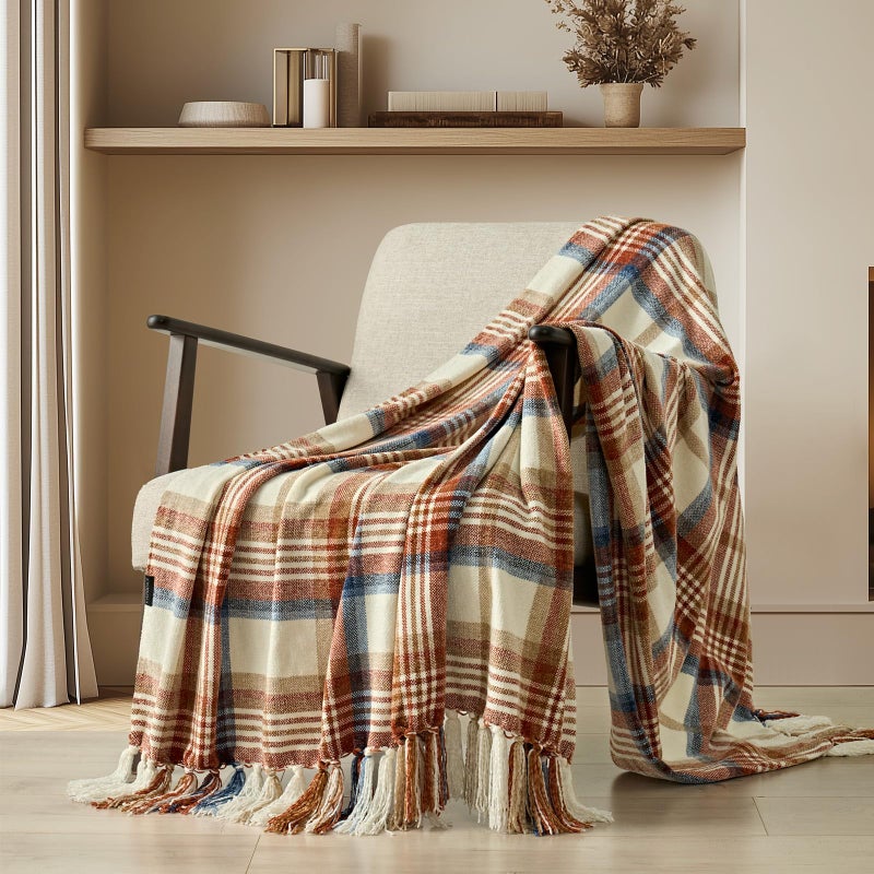 EverGrace Plaid Chenille Throw Blanket for Couch, Super Soft Cozy Decorative Fall Throw Blanket with Tassels for Bed Sofa Farmhouse Decor, Lightweight Harvest Plaid Throw Blanket for Autumn, 50"x60" - Image 1