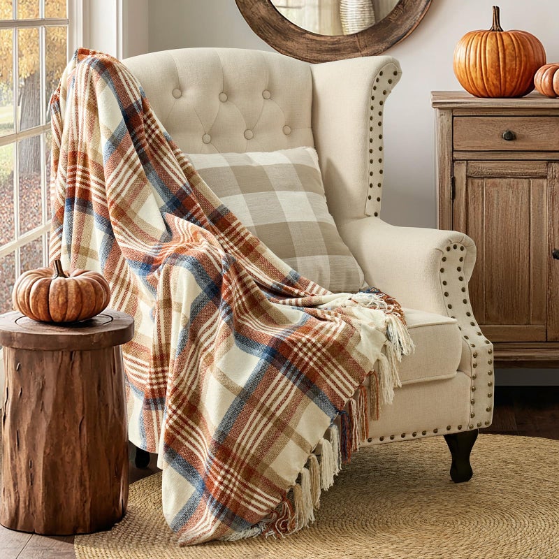 EverGrace Plaid Chenille Throw Blanket for Couch, Super Soft Cozy Decorative Fall Throw Blanket with Tassels for Bed Sofa Farmhouse Decor, Lightweight Harvest Plaid Throw Blanket for Autumn, 50"x60" - Image 2