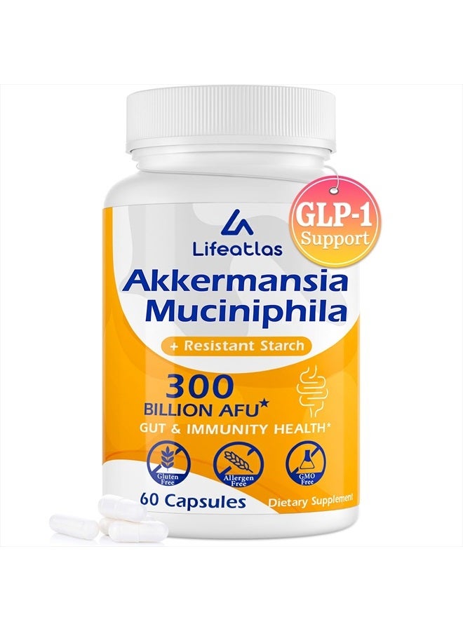 Lifeatlas GLP-1 Probiotic | 300 Billion AFU Akkermansia Muciniphila, Akkermansia Probiotic for Women Men, Akka Superbiotics for GLP-1 Production, Digestive, Gut, Immunity, Enhances Gut Lining Function, 60 Count - Image 1