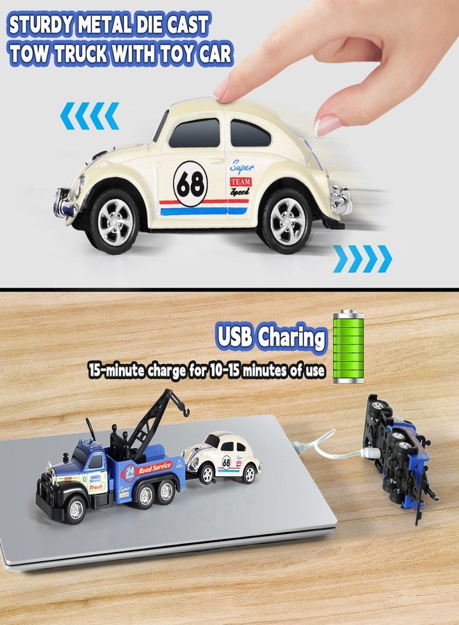 haomsj Mini Rc Tow Truck Toy with Mini Metal Car Set 2PCS,City Service Vehicle Remote Control Tow Truck Toys for Kids Boys Gifts 3-5 4-7 8-12 Years Old, 1:64 Scale Cars Trailer Toy with Light(Blue) - Image 4