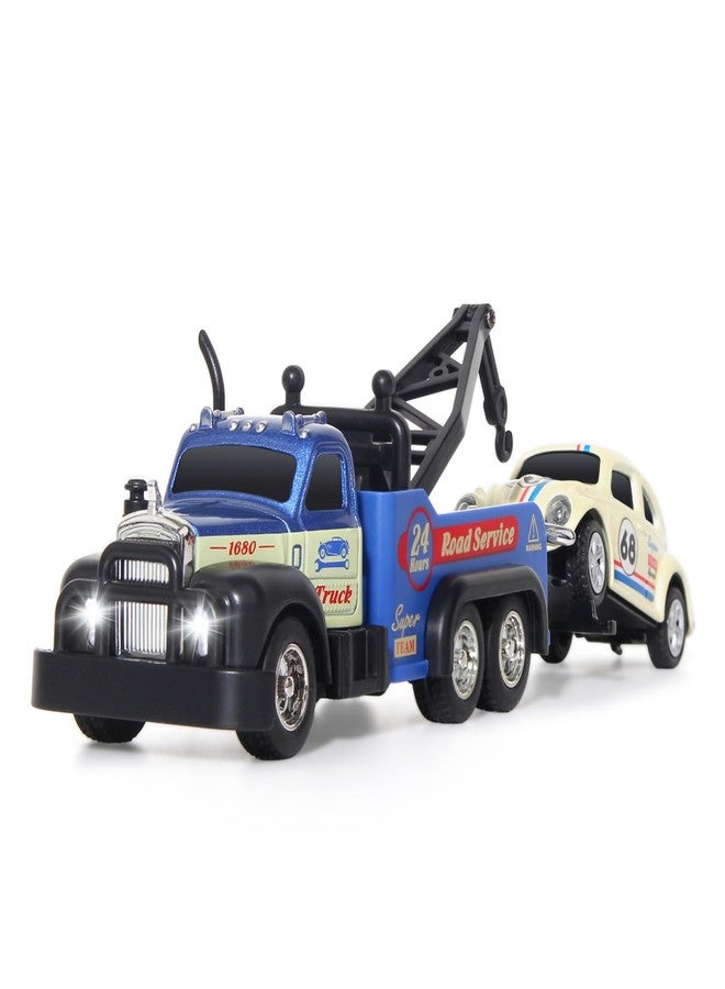 haomsj Mini Rc Tow Truck Toy with Mini Metal Car Set 2PCS,City Service Vehicle Remote Control Tow Truck Toys for Kids Boys Gifts 3-5 4-7 8-12 Years Old, 1:64 Scale Cars Trailer Toy with Light(Blue) - Image 1