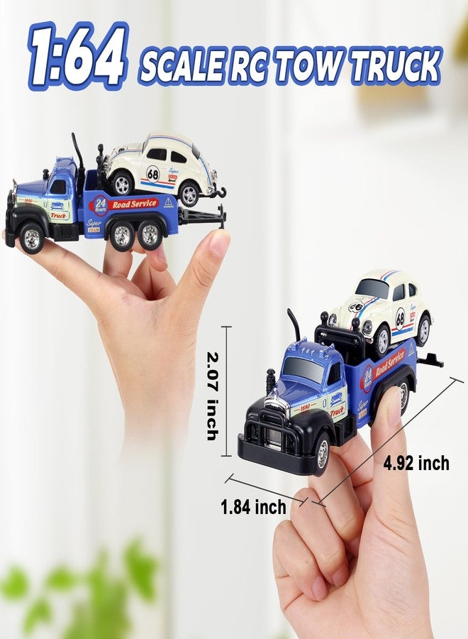 haomsj Mini Rc Tow Truck Toy with Mini Metal Car Set 2PCS,City Service Vehicle Remote Control Tow Truck Toys for Kids Boys Gifts 3-5 4-7 8-12 Years Old, 1:64 Scale Cars Trailer Toy with Light(Blue) - Image 2
