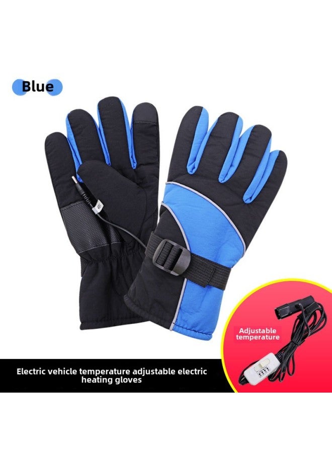 Electric Car Electric Heating Gloves Motorcycle Battery Car Tricycle Winter Riding Usb Heating Winter Electric Hand Warmer-Color:36v-96v Universal Temperature-adjustable Blue Black + Pu Leather Fabric-Applicable Models:One Size Fits All  - Image 1
