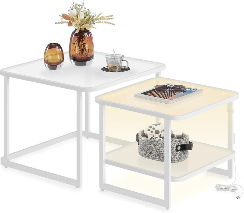 VASAGLE Coffee Tables, Set of 2 Nesting Tables with LED Lights, Modern Square Side Tables, Frosted Glass, Bottom Shelf, for Living Room, Bedroom, Office, Cloud White and Pearl White - Image 1