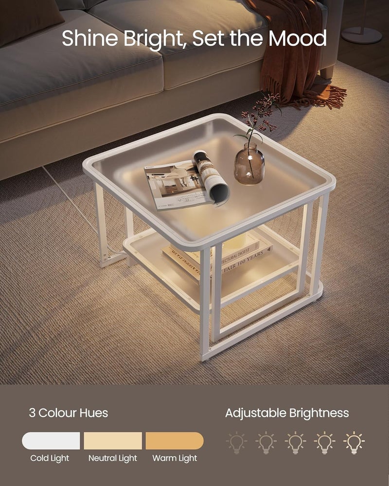 VASAGLE Coffee Tables, Set of 2 Nesting Tables with LED Lights, Modern Square Side Tables, Frosted Glass, Bottom Shelf, for Living Room, Bedroom, Office, Cloud White and Pearl White - Image 4
