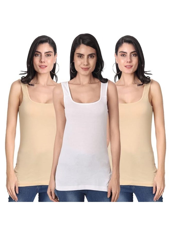 Aimly Women's Regular Fit Sleeveless Cotton Camisole Slip Spaghetti Combo Pack of 3, Contains 2 Beige and 1 White Color - Image 1