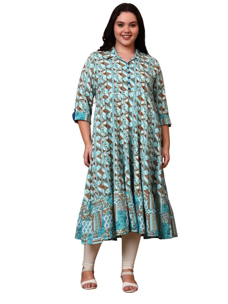 Yash Gallery Women's Geomatrical Printed Anarkali Kurti (Green) - Image 1
