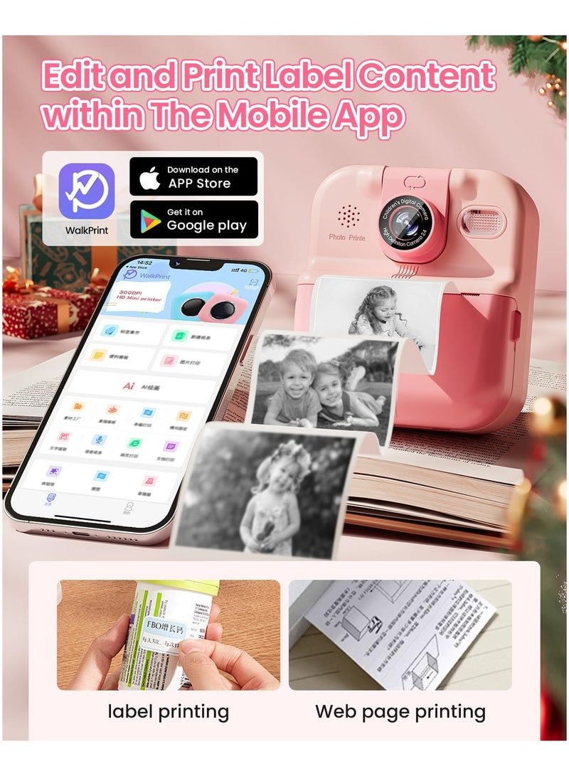 XiuWoo Bluetooth Kids Camera Instant Print, 1080P Mini Toddler Camera,Portable DIY Instant Digital Camera for Kids, Printable Camera for Phone Tablet,Cool Idea Gift Toys for Birthday Kids for Boys Girls,Pink - Image 3