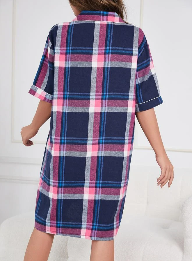 Take Two Women's Plus Size Checked Button Up Short Sleeve Knee Length Shirt Nightdress