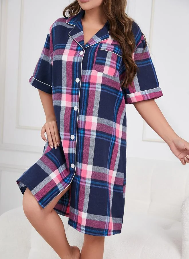 Take Two Women's Plus Size Checked Button Up Short Sleeve Knee Length Shirt Nightdress