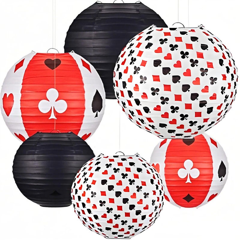 Mudder 6 Pcs Casino Party Decoration Black Red Paper Lanterns 10 Inch Poker Night Party Decorations Casino Hanging Lanterns