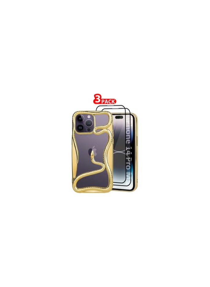 CATANES iPhone 14 Pro Max 3Packs Snake Case Cover Soft TPU and Glossy with Two 3D Shockproof Screen Protector - Gold - Image 1