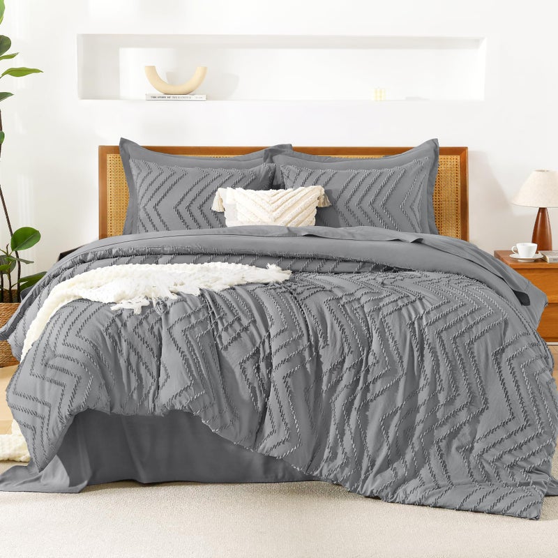 Litanika Litanika King Size Comforter Set with Sheets Medium Gray - 7 Pieces Bed in a Bag King Chevron Tufted Complete Beddding Sets with Comforter  Sheets  Pillowcases & Shams  - Image 1