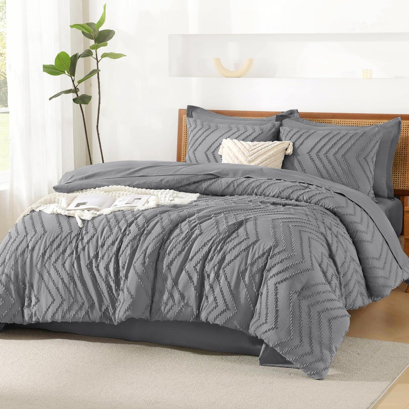 Litanika Litanika King Size Comforter Set with Sheets Medium Gray - 7 Pieces Bed in a Bag King Chevron Tufted Complete Beddding Sets with Comforter  Sheets  Pillowcases & Shams  - Image 2