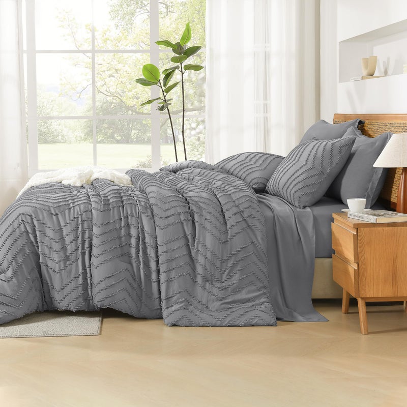 Litanika Litanika King Size Comforter Set with Sheets Medium Gray - 7 Pieces Bed in a Bag King Chevron Tufted Complete Beddding Sets with Comforter  Sheets  Pillowcases & Shams  - Image 5