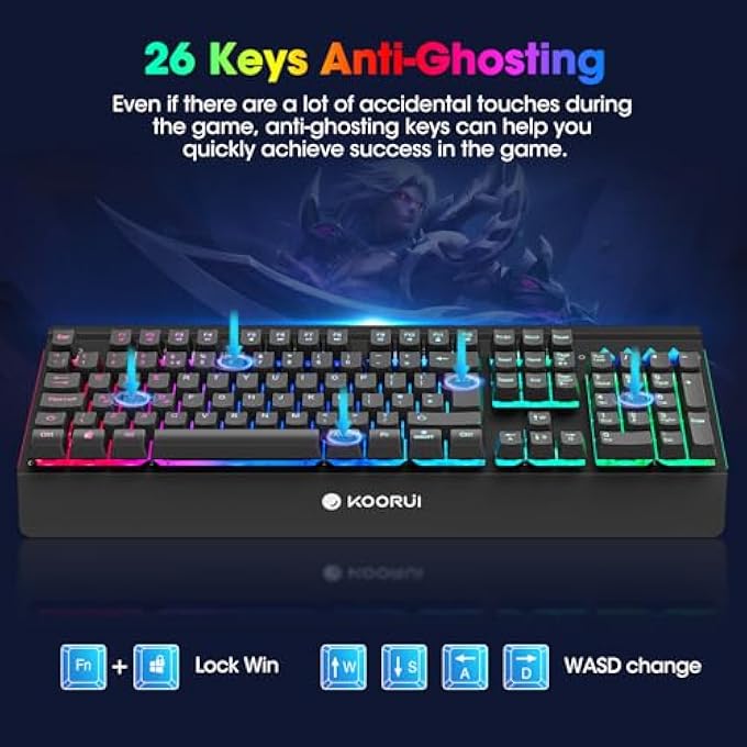 KOORUI GAMING KEYBOARD, 104 KEYS LED BACKLIGHT, MECHANICAL FEEL, ANTI-GHOST, WATERPROOF, USB MEMBRANE FOR DESKTOP - Image 3