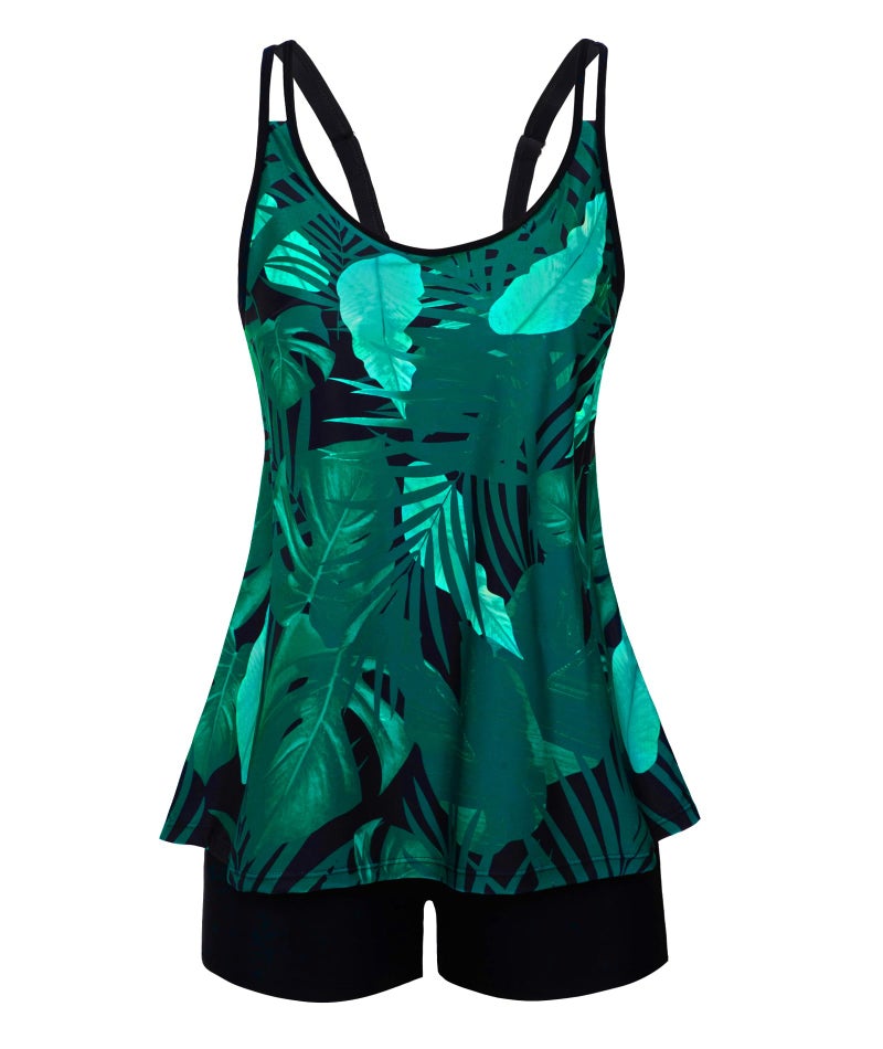 Arolina Full Coverage Swimsuits for Women Adjustable Straps Flowy Tankini Sun Protect Bathing Suits Dark Green Leaves X-Large - Image 1