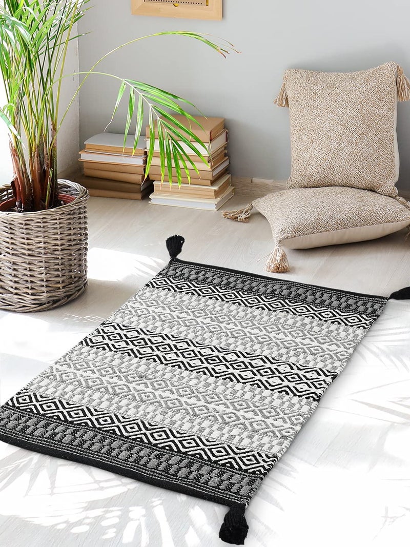 SASHAA WORLD Handwoven Cotton Rug Rug for Bedroom Kitchen Living Room Doorway Multipurpose Rug60X90 cm Black and Grey - Image 2