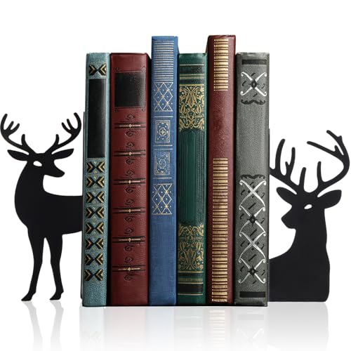 Geelin Reindeer Metal Bookends Set of 2 Black Reindeer Head Christmas Book Ends for Shelves Elk L Shaped Book Organizer for Desk Organizer Deer Lovers and Reading Enthusiasts - Image 1