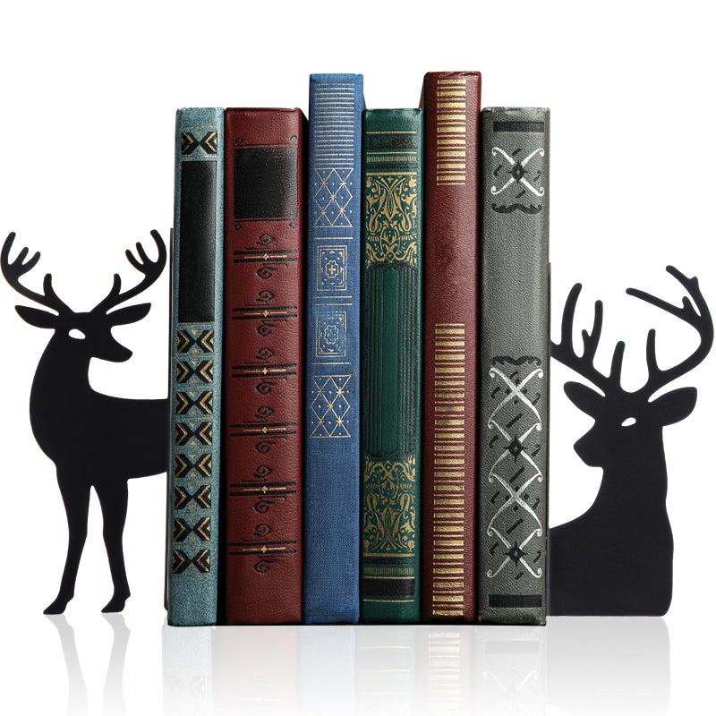 Geelin Reindeer Metal Bookends Set of 2 Black Reindeer Head Christmas Book Ends for Shelves Elk L Shaped Book Organizer for Desk Organizer Deer Lovers and Reading Enthusiasts - Image 2