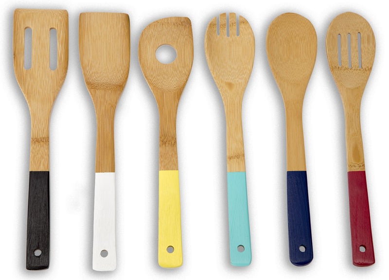Home Basics Bamboo Cooking Utensils Set with Color Handles, 6-Piece, 2.5" x 12" x .25" - Image 1