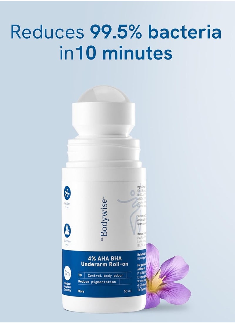 Be Bodywise - Be Bodywise 4% AHA BHA Underarm Roll on | With 2% Lactic Acid, 1% Mandelic Acid, 1% Salicylic Acid | Prevents Odour, Reduces Pigmentation | For Radiant Underarms | Suitable for Sensitive Skin | 50ml - Image 1