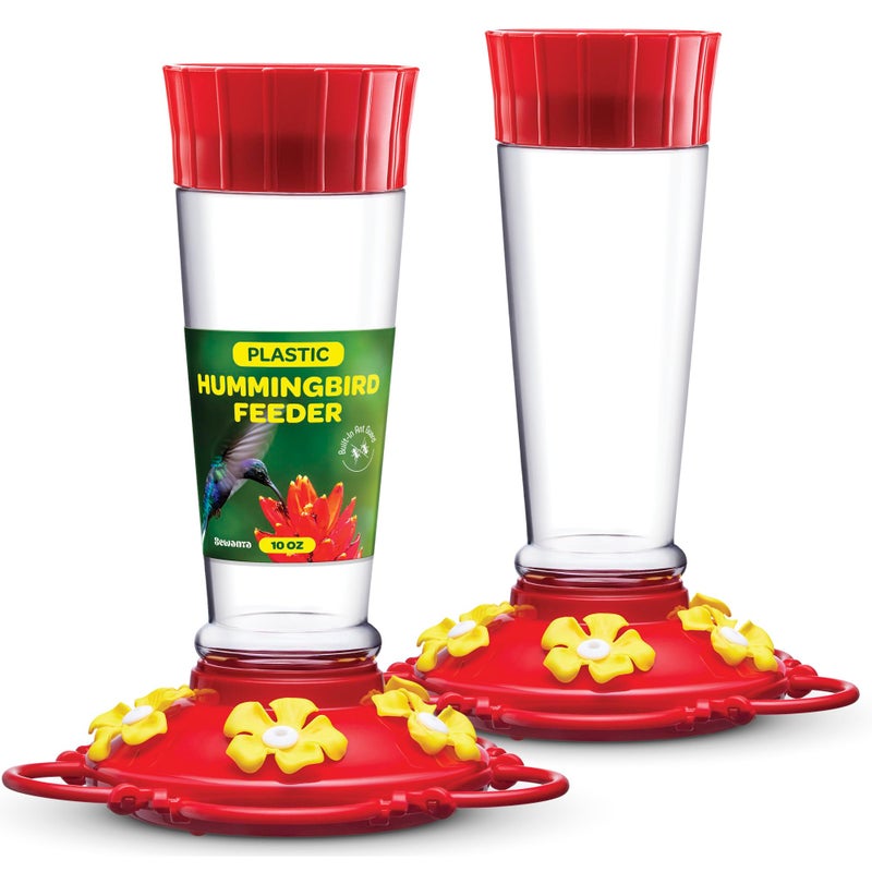 SEWANTA Hummingbird Feeder 10 oz [Set of 2] Plastic Feeders for Outdoors, with Built-in Ant Guard - Circular Perch with 5 Feeding Ports - Wide Mouth for Easy Filling/2 Part Base for Easy Cleaning - Image 1