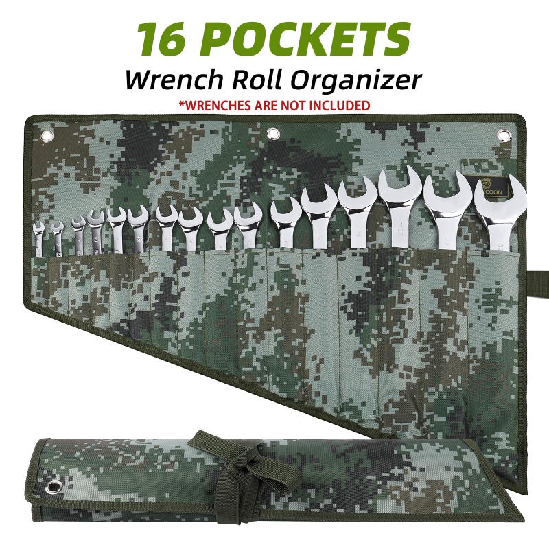 ROCKCOON 16 Pocket Wrench Roll Organizer, Rolled Tool Pouch Bag with Water Proof Oxford Cloth, Dark Camouflage - Image 2