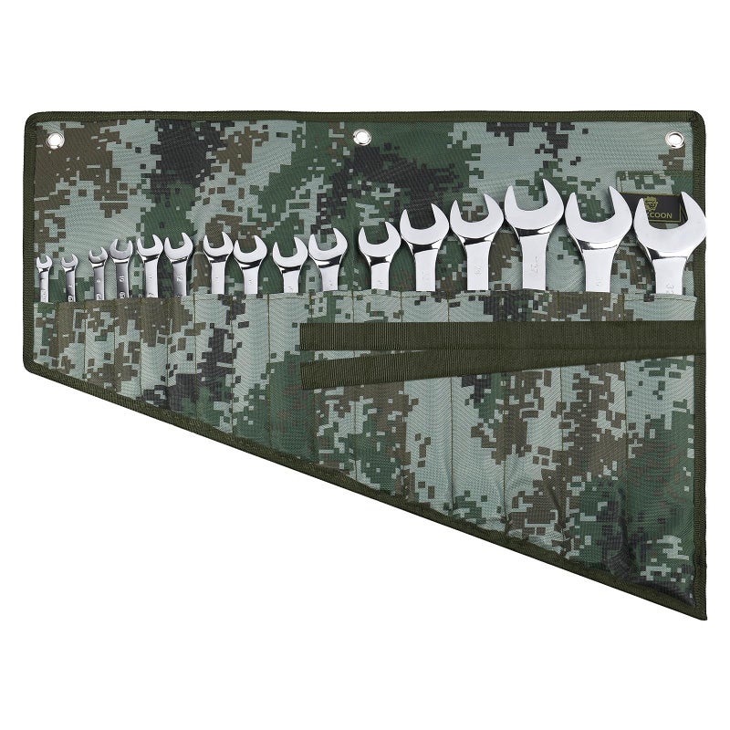 ROCKCOON 16 Pocket Wrench Roll Organizer, Rolled Tool Pouch Bag with Water Proof Oxford Cloth, Dark Camouflage - Image 1