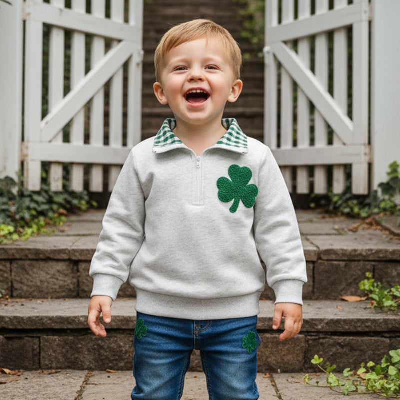 Lucikamy Toddler Baby Boy Girl St Patricks Day Outfit Collared Zipper Embroidery Sweatshirt Shirt Long Sleeve Pullover Tops (Gray, 3-4 Years) - Image 2