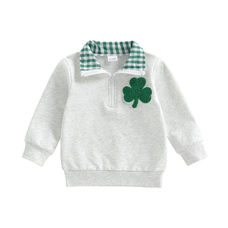 Lucikamy Toddler Baby Boy Girl St Patricks Day Outfit Collared Zipper Embroidery Sweatshirt Shirt Long Sleeve Pullover Tops (Gray, 3-4 Years) - Image 1