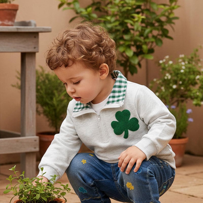 Lucikamy Toddler Baby Boy Girl St Patricks Day Outfit Collared Zipper Embroidery Sweatshirt Shirt Long Sleeve Pullover Tops (Gray, 3-4 Years) - Image 3