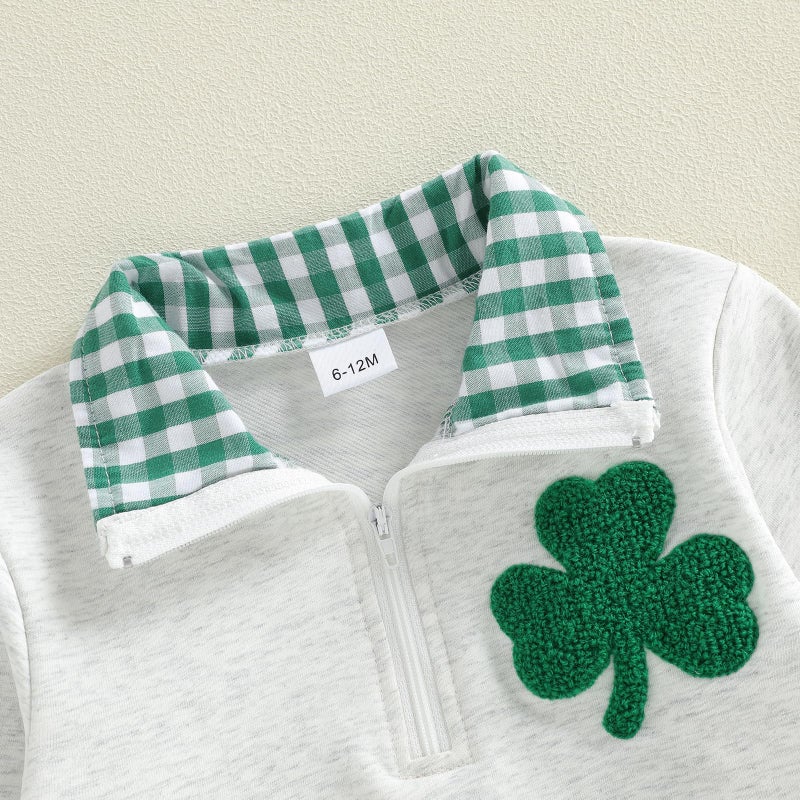 Lucikamy Toddler Baby Boy Girl St Patricks Day Outfit Collared Zipper Embroidery Sweatshirt Shirt Long Sleeve Pullover Tops (Gray, 3-4 Years) - Image 4