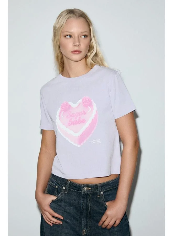 Grimelange MELUNAE Women's Organic Cotton Bike-Neck Short Sleeve Printed Detailed Lilac T-Shirt.