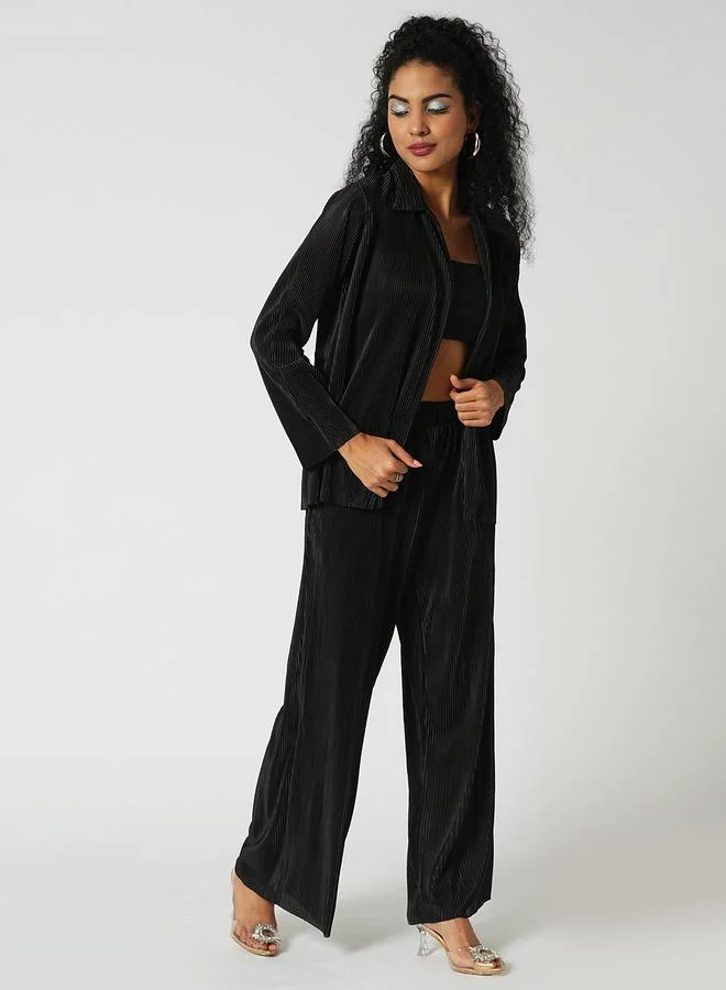 globus Globus Black Accordion Plisse Shirt and Trousers Co-Ords