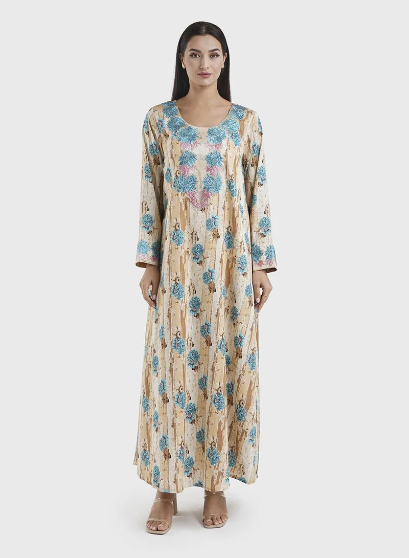 كشخة Brown and Teal Floral Print Embroiderd Jalabiya (VG2901)