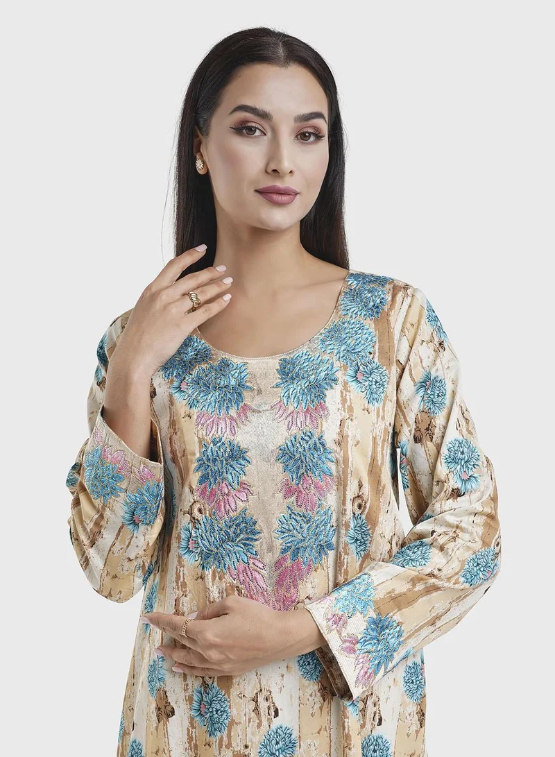 كشخة Brown and Teal Floral Print Embroiderd Jalabiya (VG2901)