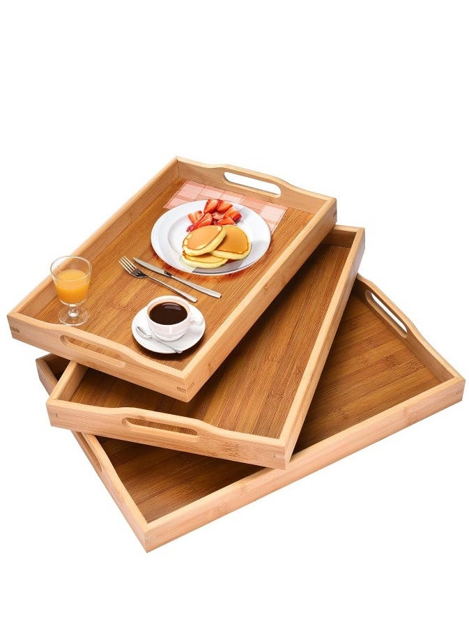 SAQOWARE Premium 3-Piece Bamboo Serving Trays with Handles – Eco-Friendly Wooden Trays for Food Serving, Breakfast in Bed, Snacks, Coffee, Bakery & Oven Use – Multipurpose Restaurant , Cafes , Kitchen and Office Bamboo Trays - Image 1