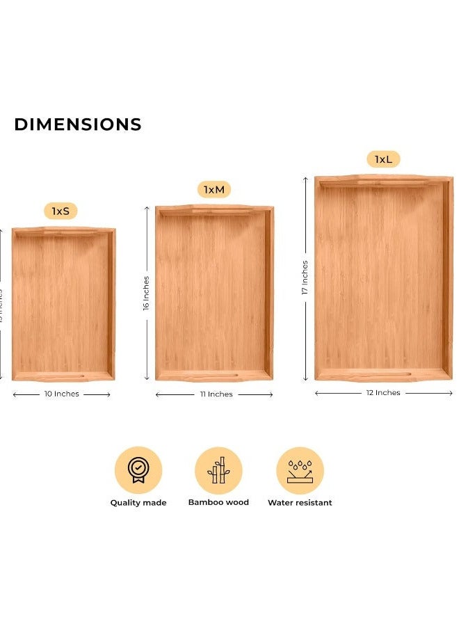 SAQOWARE Premium 3-Piece Bamboo Serving Trays with Handles – Eco-Friendly Wooden Trays for Food Serving, Breakfast in Bed, Snacks, Coffee, Bakery & Oven Use – Multipurpose Restaurant , Cafes , Kitchen and Office Bamboo Trays - Image 2